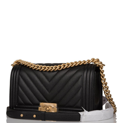 Chanel Medium Boy Bag Black Chevron Caviar Antique Gold Hardware Rovelle Bags
