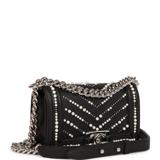 Chanel Small Boy Bag Black Calfskin And Pearl Silver Hardware Rovelle Bags