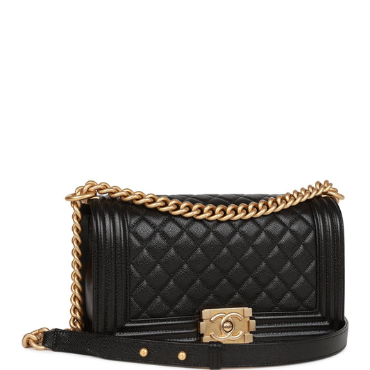 Chanel Medium Boy Bag Black Caviar Antique Gold Hardware Rovelle Bags