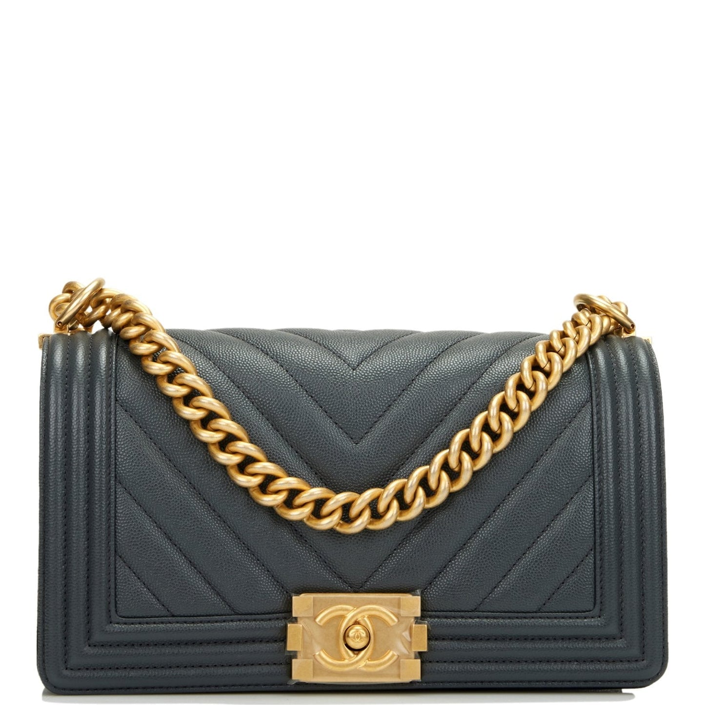 Chanel Medium Boy Bag Dark Grey Chevron Caviar Antique Gold Hardware Rovelle Bags