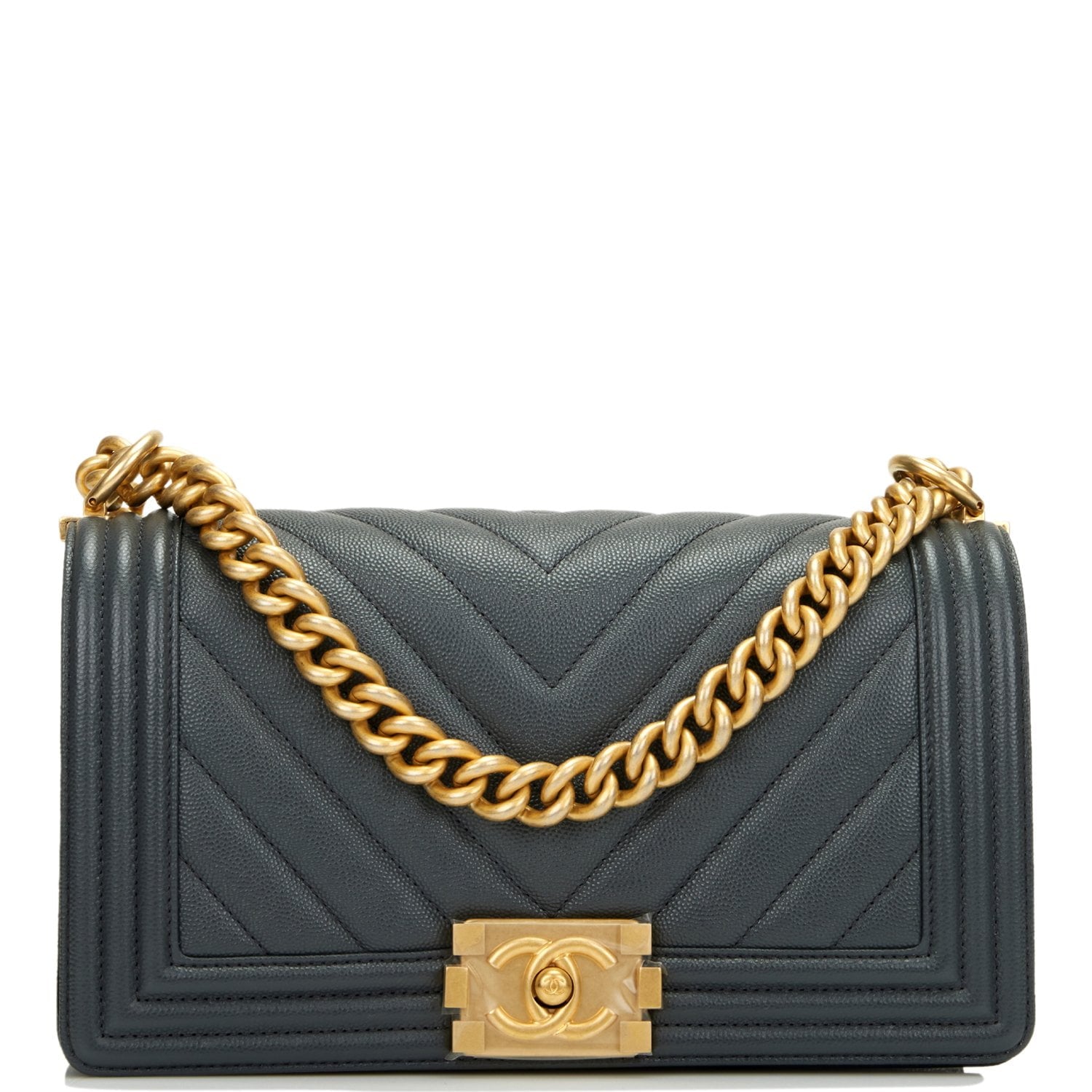 Chanel Medium Boy Bag Dark Grey Chevron Caviar Antique Gold Hardware Rovelle Bags