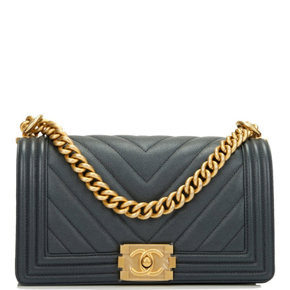 Chanel Medium Boy Bag Dark Grey Chevron Caviar Antique Gold Hardware Rovelle Bags