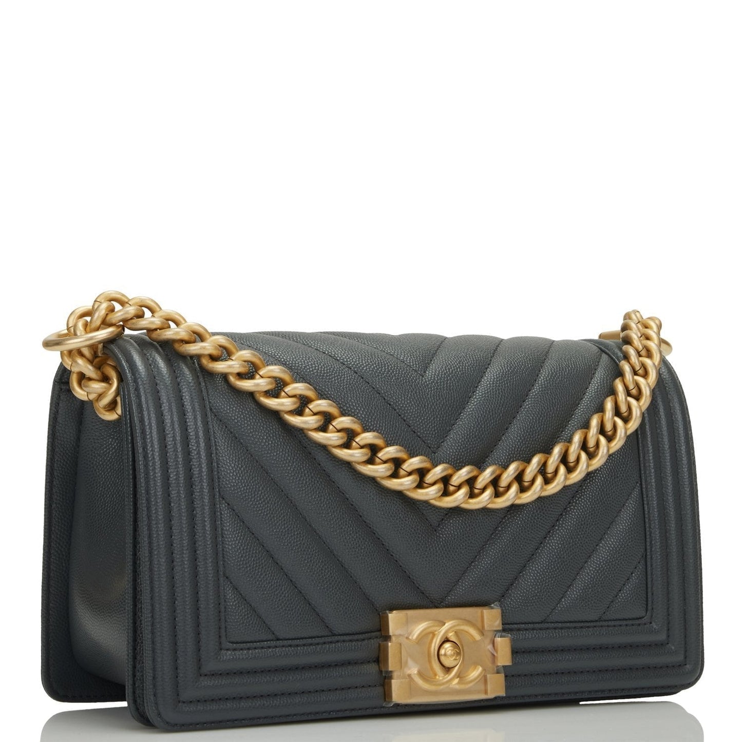 Chanel Medium Boy Bag Dark Grey Chevron Caviar Antique Gold Hardware Rovelle Bags