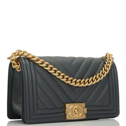 Chanel Medium Boy Bag Dark Grey Chevron Caviar Antique Gold Hardware Rovelle Bags