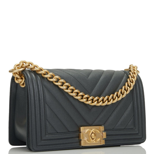 Chanel Medium Boy Bag Dark Grey Chevron Caviar Antique Gold Hardware Rovelle Bags
