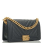 Chanel Medium Boy Bag Dark Grey Chevron Caviar Antique Gold Hardware Rovelle Bags
