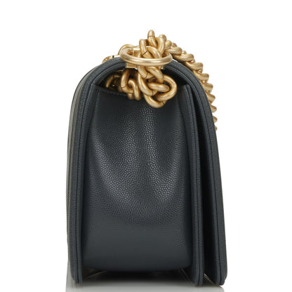 Chanel Medium Boy Bag Dark Grey Chevron Caviar Antique Gold Hardware Rovelle Bags