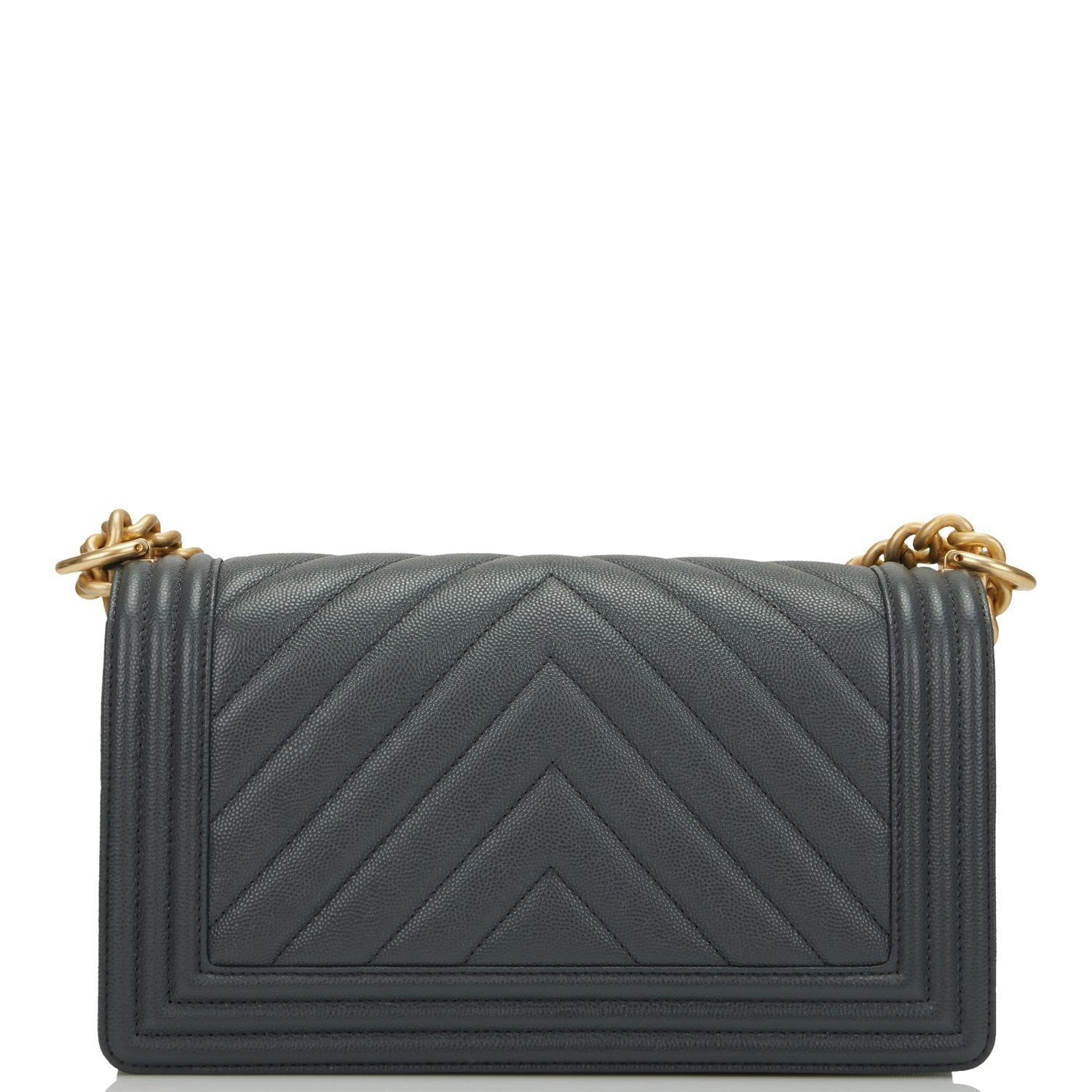 Chanel Medium Boy Bag Dark Grey Chevron Caviar Antique Gold Hardware Rovelle Bags