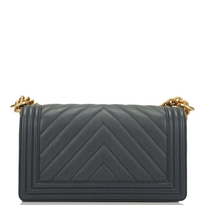 Chanel Medium Boy Bag Dark Grey Chevron Caviar Antique Gold Hardware Rovelle Bags