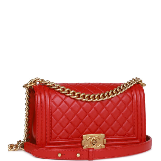 Chanel Medium Boy Bag Red Lambskin Antique Gold Hardware Rovelle Bags