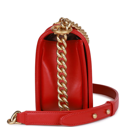 Chanel Medium Boy Bag Red Lambskin Antique Gold Hardware Rovelle Bags