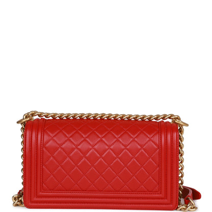 Chanel Medium Boy Bag Red Lambskin Antique Gold Hardware Rovelle Bags