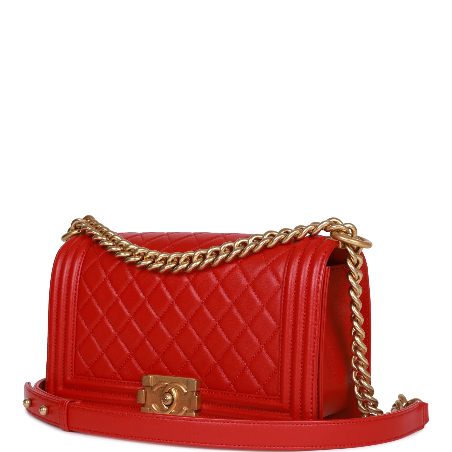 Chanel Medium Boy Bag Red Lambskin Antique Gold Hardware Rovelle Bags