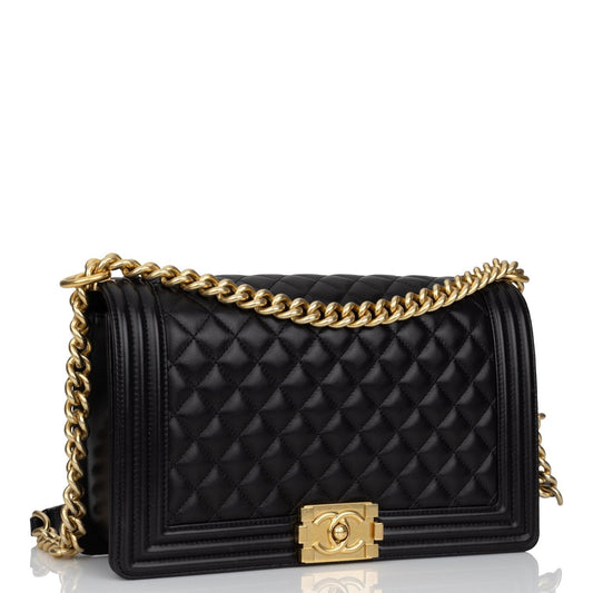 Chanel New Medium Boy Bag Black Lambskin Antique Gold Hardware Rovelle Bags