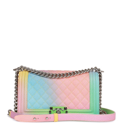 Chanel Medium Boy Bag Rainbow Caviar Silver Hardware Rovelle Bags