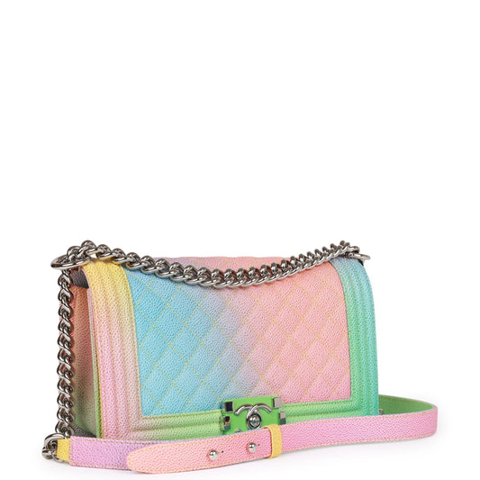Chanel Medium Boy Bag Rainbow Caviar Silver Hardware Rovelle Bags