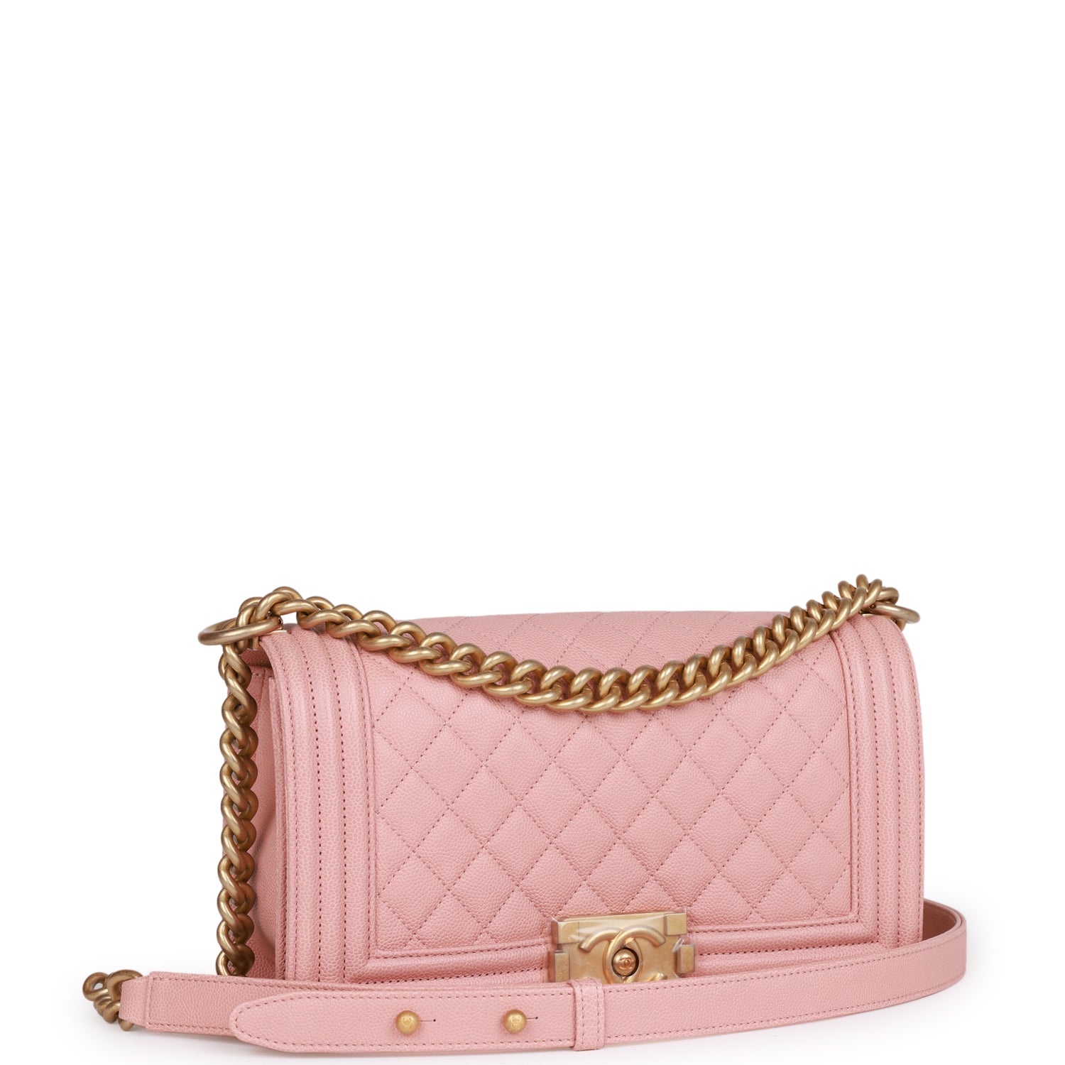 Chanel Medium Boy Bag Pink Caviar Antique Gold Hardware Rovelle Bags
