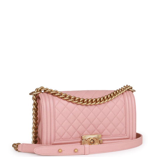 Chanel Medium Boy Bag Pink Caviar Antique Gold Hardware Rovelle Bags