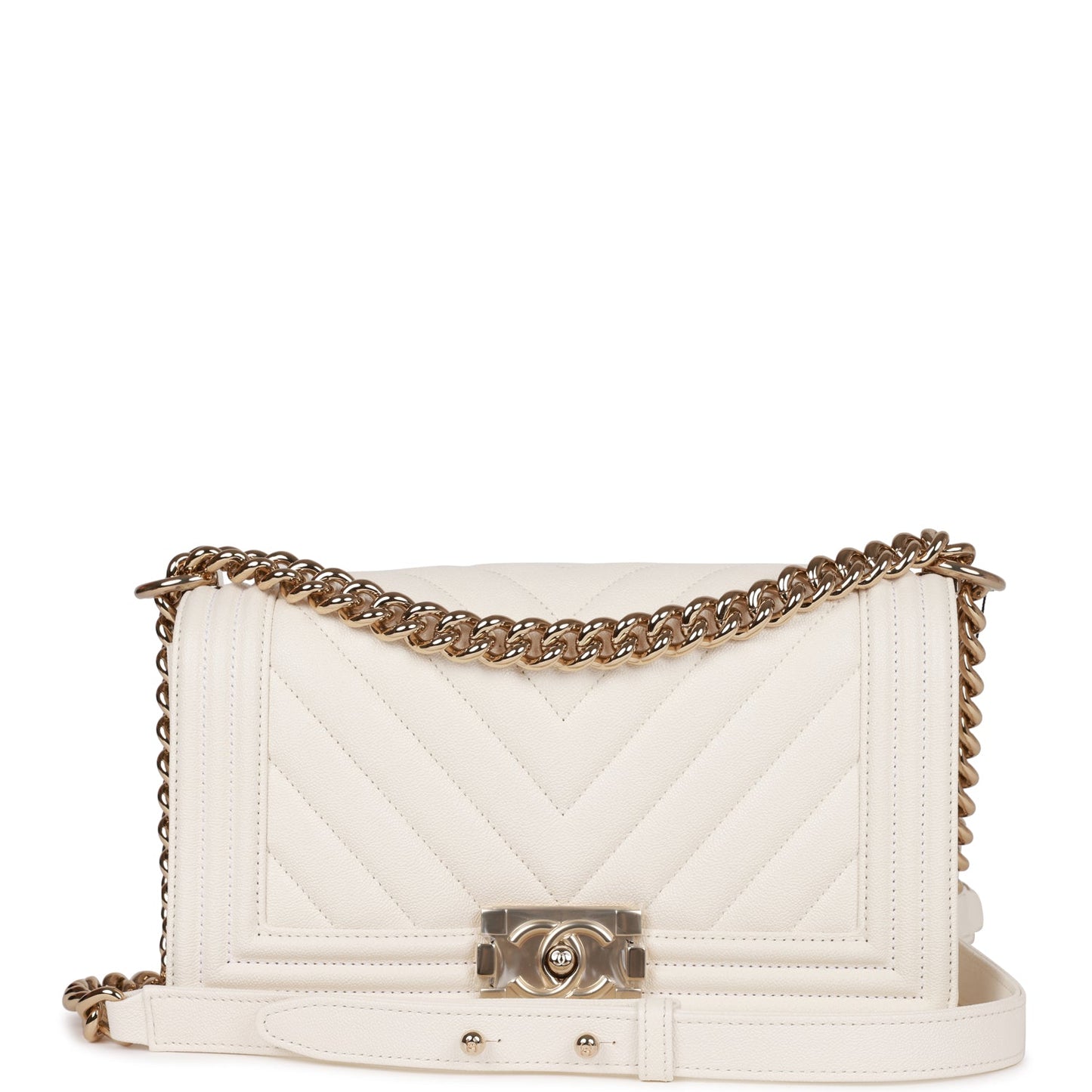 Chanel Medium Boy White Chevron Caviar Light Gold Hardware Rovelle Bags