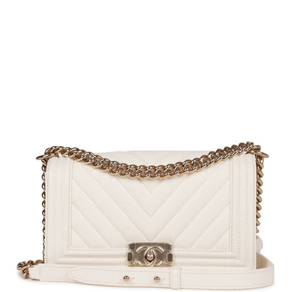Chanel Medium Boy White Chevron Caviar Light Gold Hardware Rovelle Bags