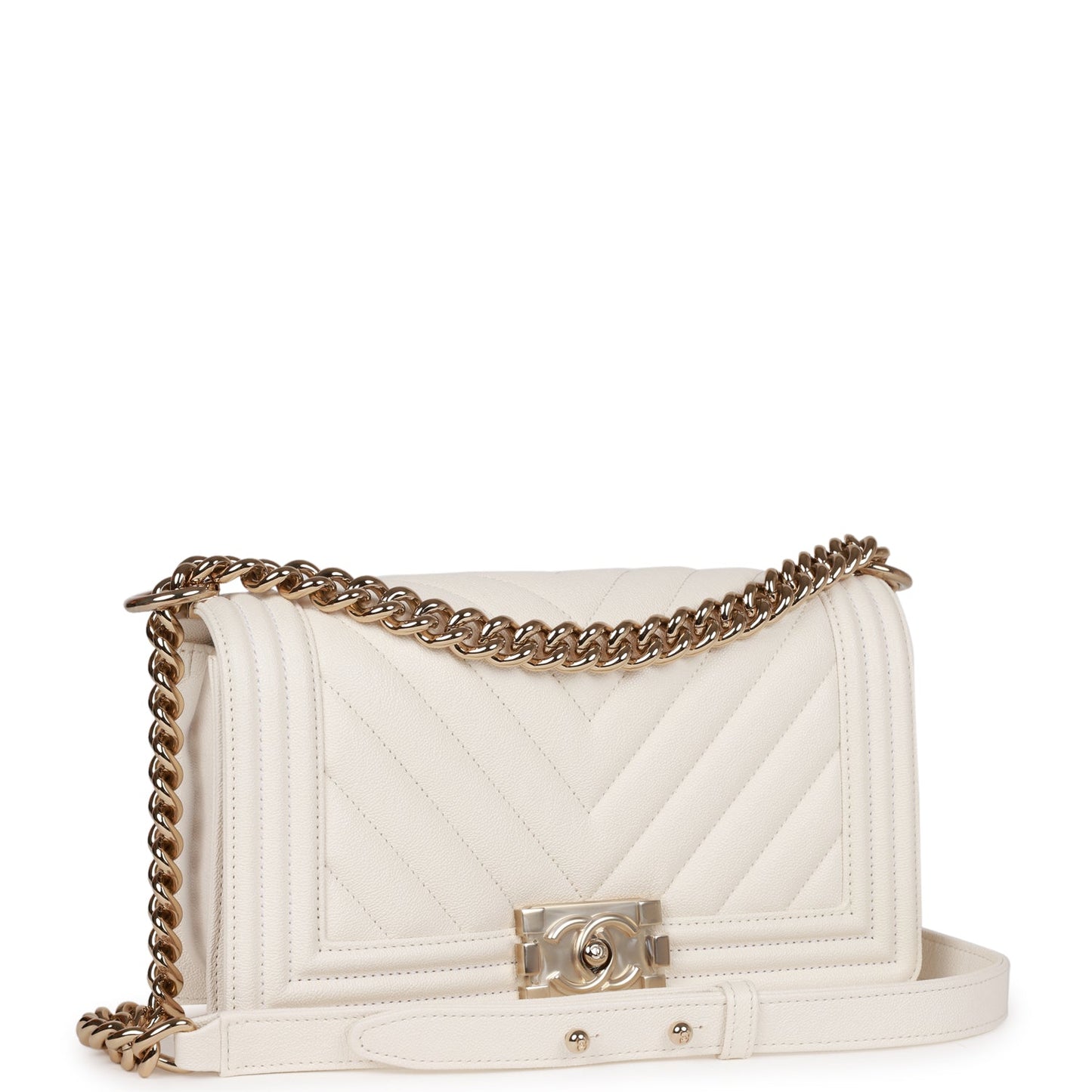 Chanel Medium Boy White Chevron Caviar Light Gold Hardware Rovelle Bags