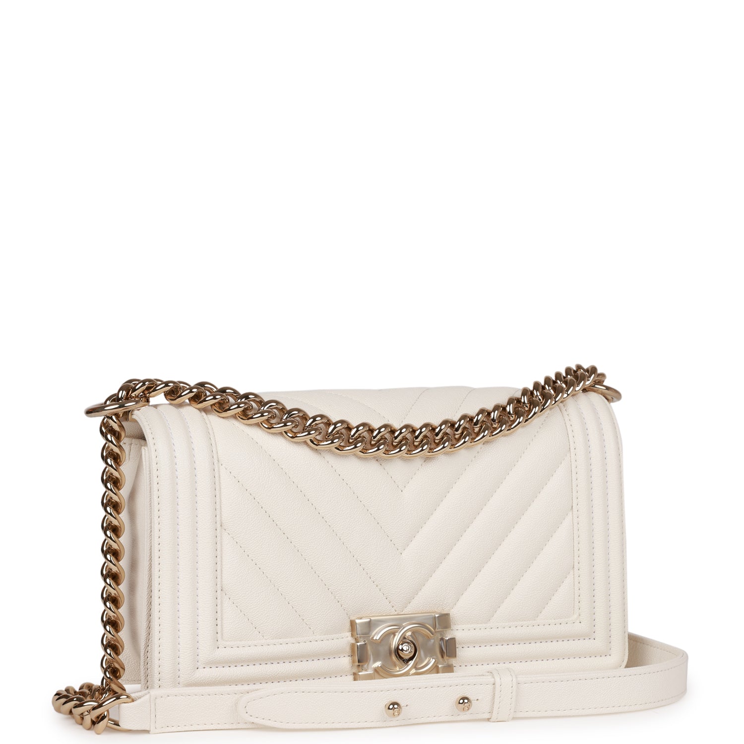 Chanel Medium Boy White Chevron Caviar Light Gold Hardware Rovelle Bags