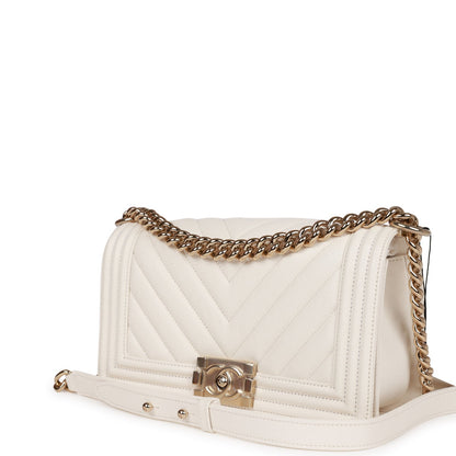 Chanel Medium Boy White Chevron Caviar Light Gold Hardware Rovelle Bags