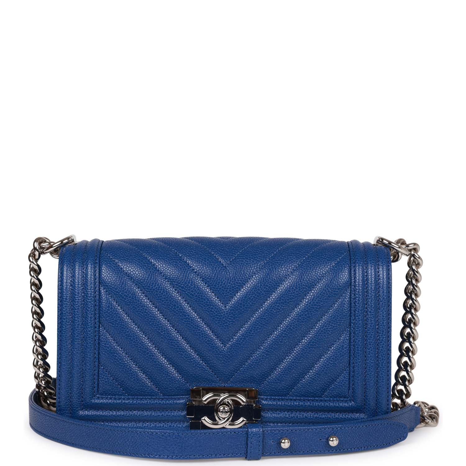 Chanel Medium Boy Bag Blue Chevron Caviar Silver Hardware Rovelle Bags