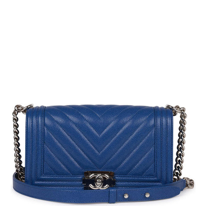 Chanel Medium Boy Bag Blue Chevron Caviar Silver Hardware Rovelle Bags