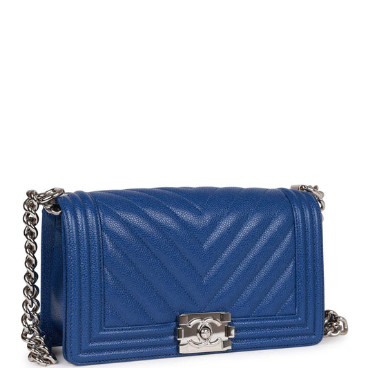 Chanel Medium Boy Bag Blue Chevron Caviar Silver Hardware Rovelle Bags