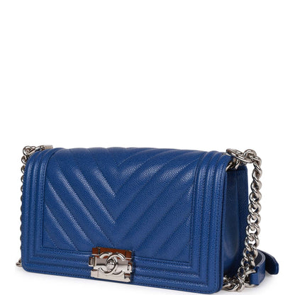 Chanel Medium Boy Bag Blue Chevron Caviar Silver Hardware Rovelle Bags