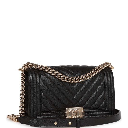 Chanel Medium Boy Bag Black Chevron Caviar Light Gold Hardware Rovelle Bags