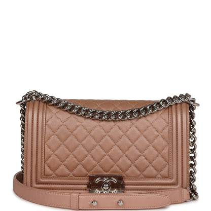 Chanel Medium Boy Bag Metallic Rose Gold Lambskin Silver Hardware Rovelle Bags