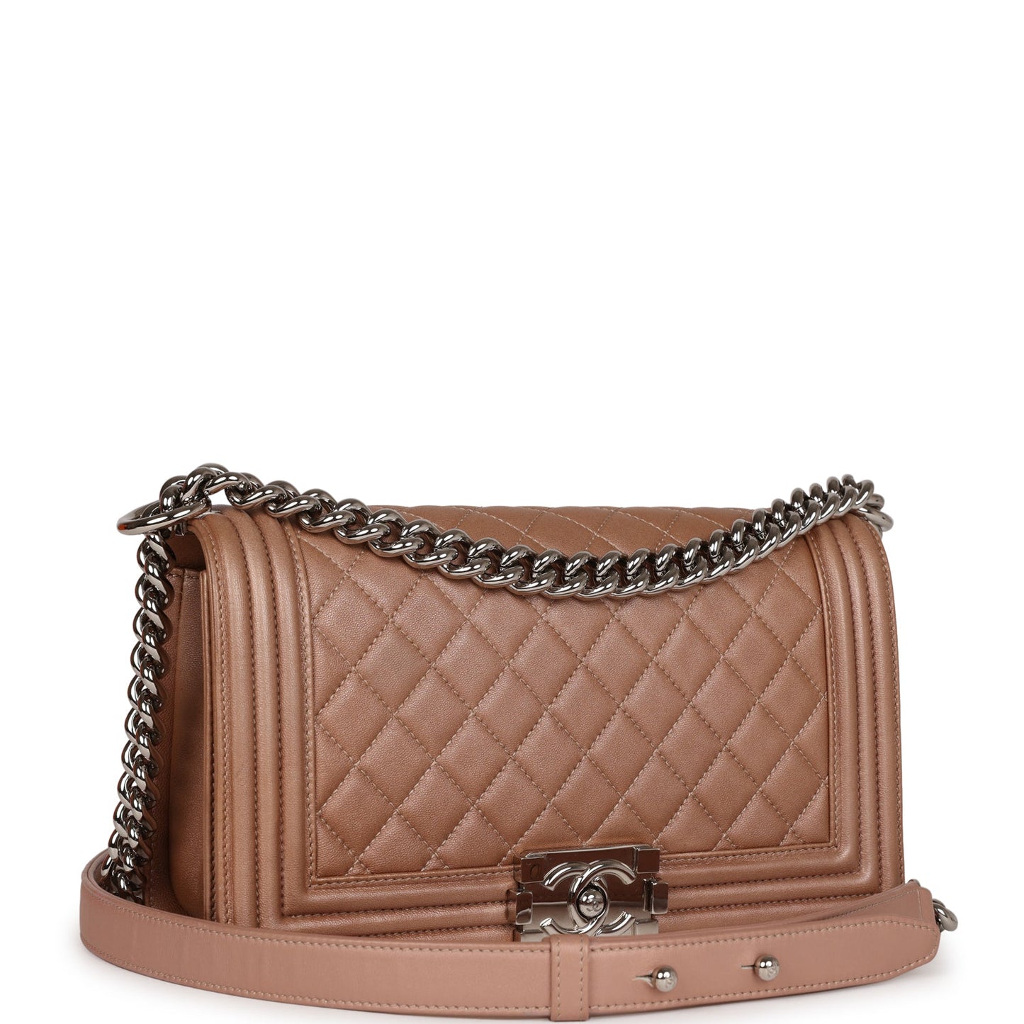 Chanel Medium Boy Bag Metallic Rose Gold Lambskin Silver Hardware Rovelle Bags