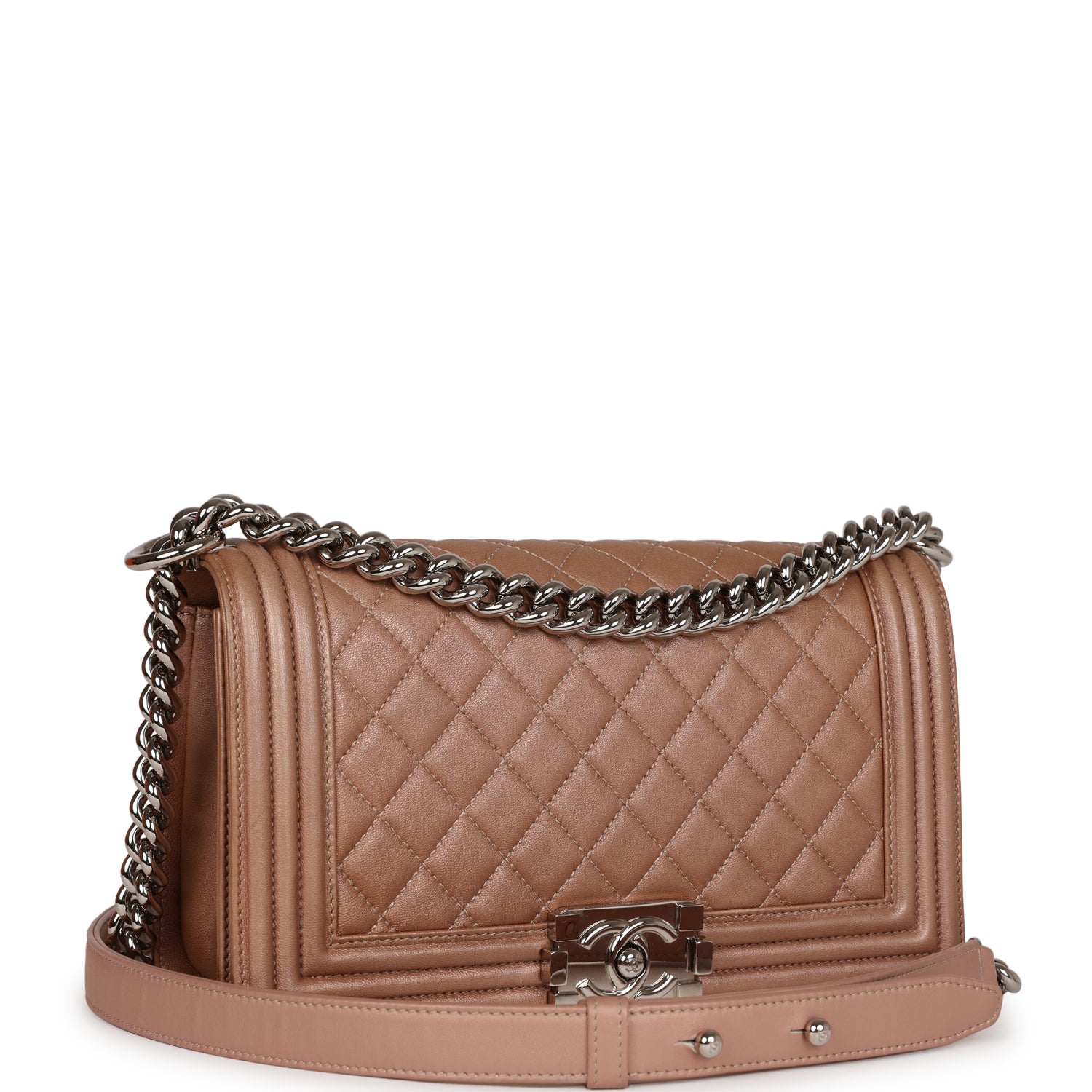 Chanel Medium Boy Bag Metallic Rose Gold Lambskin Silver Hardware Rovelle Bags