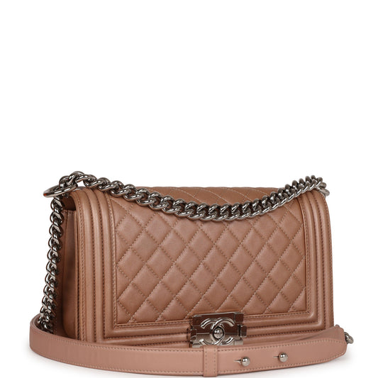 Chanel Medium Boy Bag Metallic Rose Gold Lambskin Silver Hardware Rovelle Bags