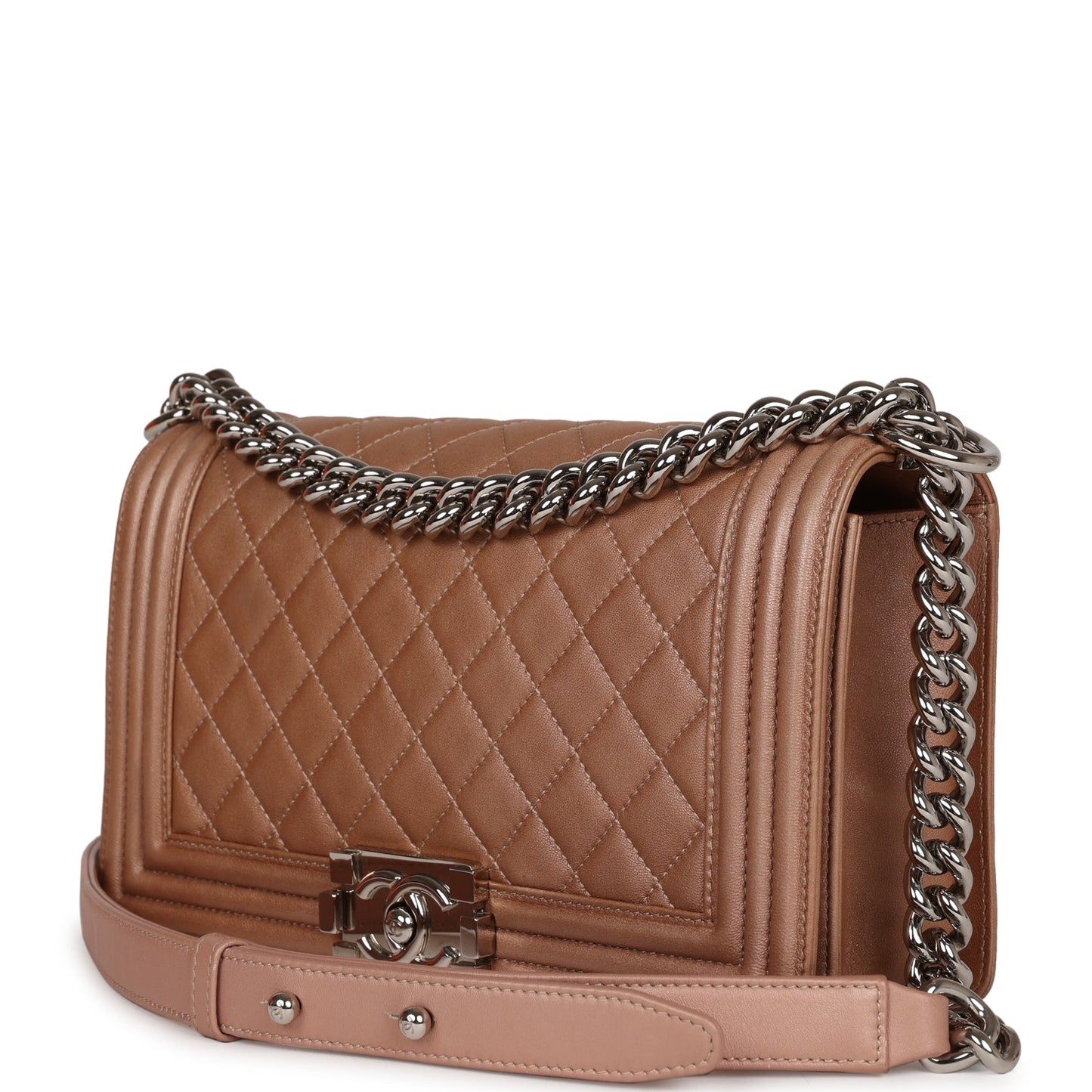 Chanel Medium Boy Bag Metallic Rose Gold Lambskin Silver Hardware Rovelle Bags
