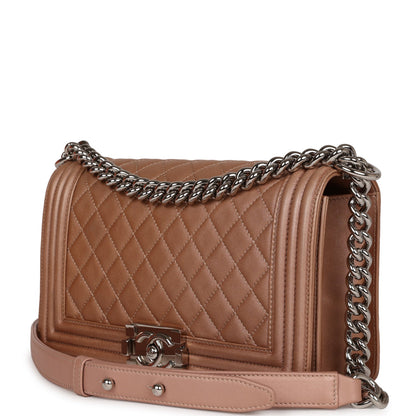 Chanel Medium Boy Bag Metallic Rose Gold Lambskin Silver Hardware Rovelle Bags