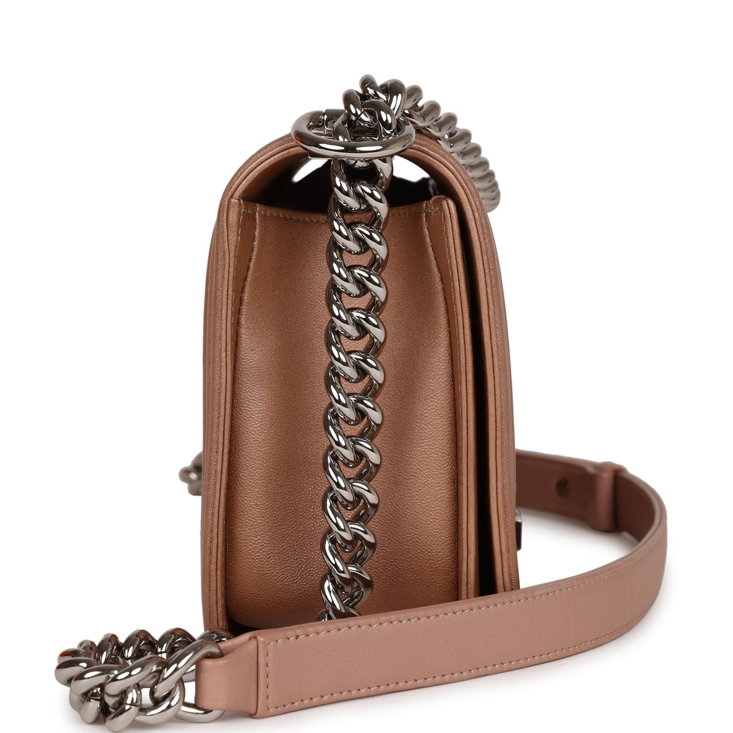 Chanel Medium Boy Bag Metallic Rose Gold Lambskin Silver Hardware Rovelle Bags