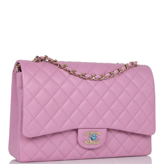 Chanel Maxi Classic Double Flap Bag Dark Pink Caviar Light Gold Hardware Rovelle Bags