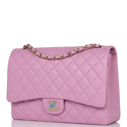 Chanel Maxi Classic Double Flap Bag Dark Pink Caviar Light Gold Hardware Rovelle Bags