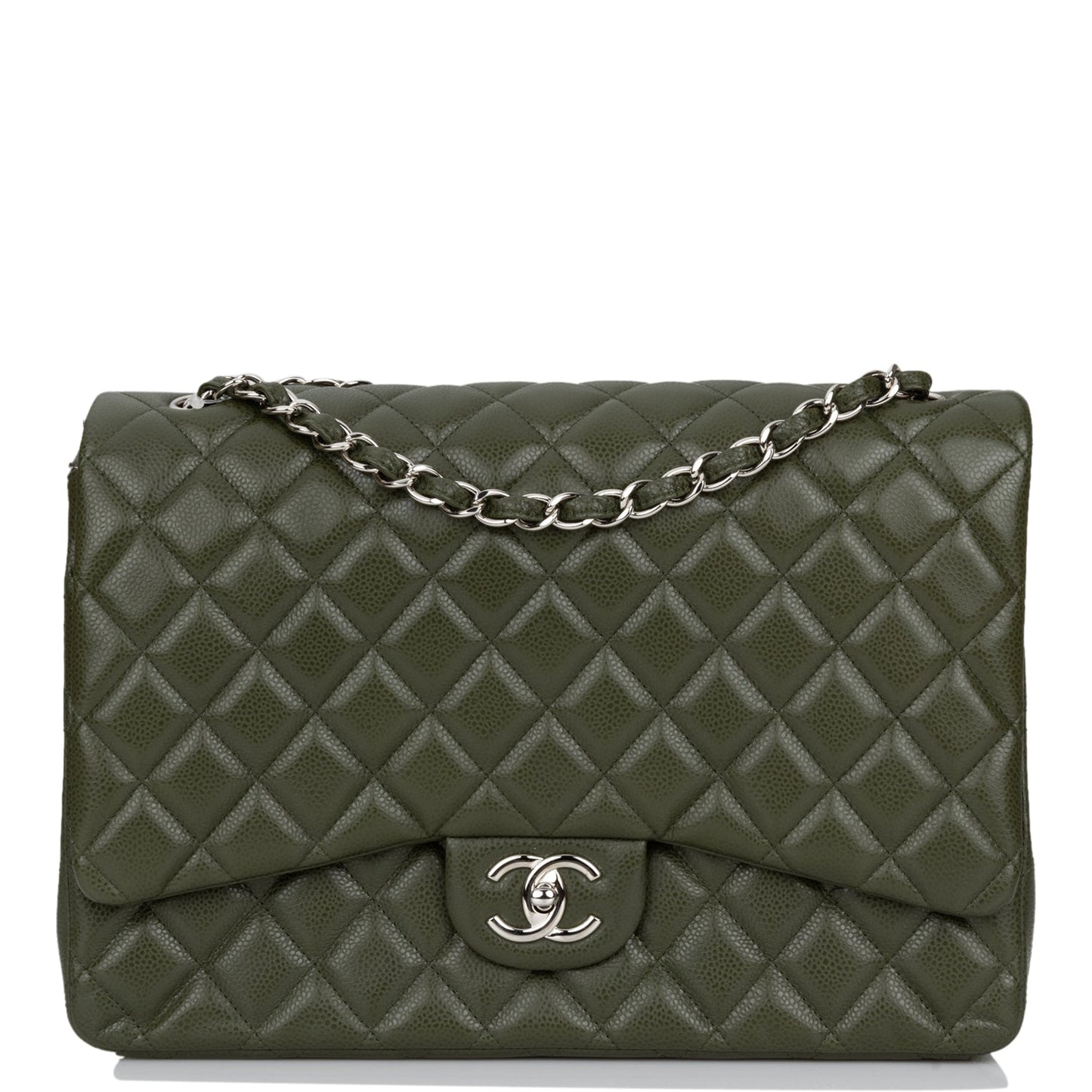 Chanel Maxi Classic Double Flap Bag Dark Green Caviar Silver Hardware Rovelle Bags