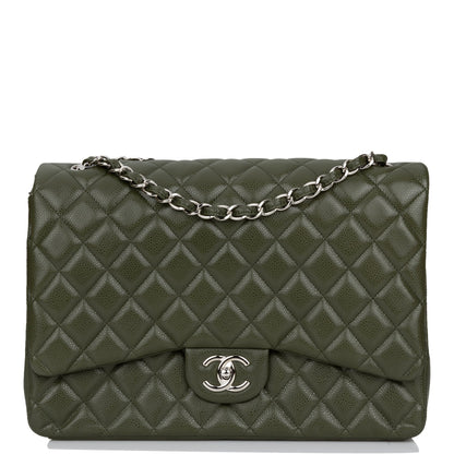 Chanel Maxi Classic Double Flap Bag Dark Green Caviar Silver Hardware Rovelle Bags