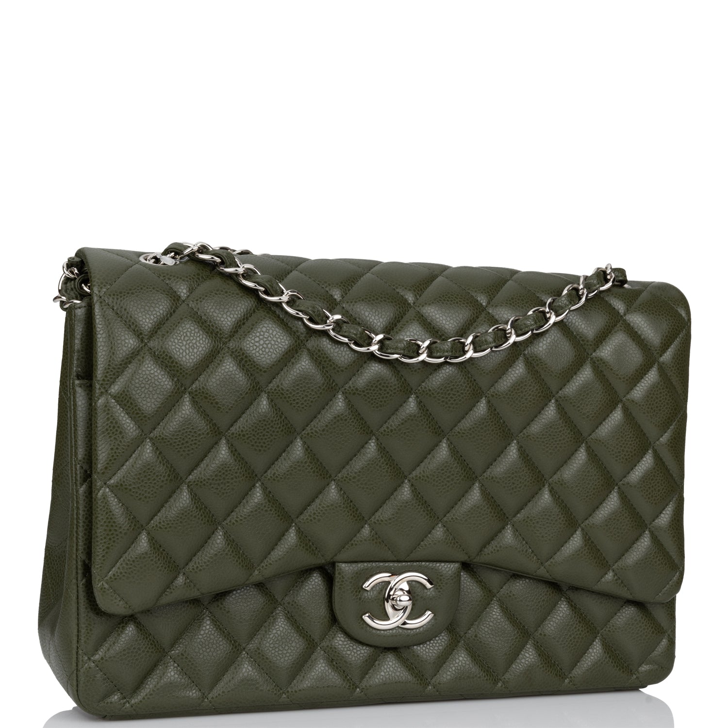 Chanel Maxi Classic Double Flap Bag Dark Green Caviar Silver Hardware Rovelle Bags