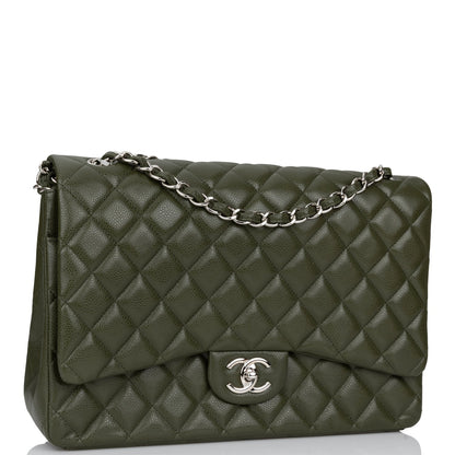 Chanel Maxi Classic Double Flap Bag Dark Green Caviar Silver Hardware Rovelle Bags
