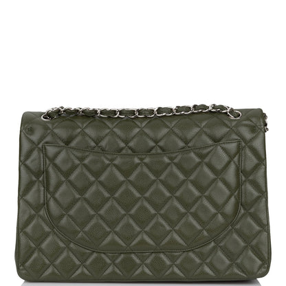 Chanel Maxi Classic Double Flap Bag Dark Green Caviar Silver Hardware Rovelle Bags
