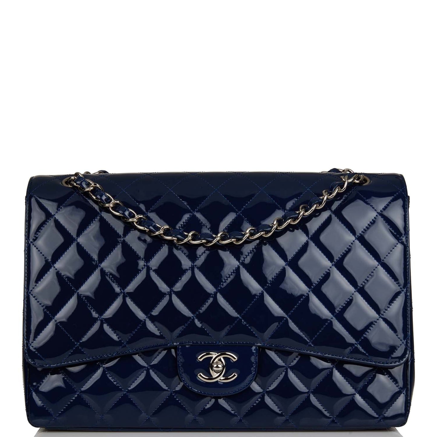 Chanel Maxi Classic Single Flap Bag Dark Blue Patent Silver Hardware Rovelle Bags