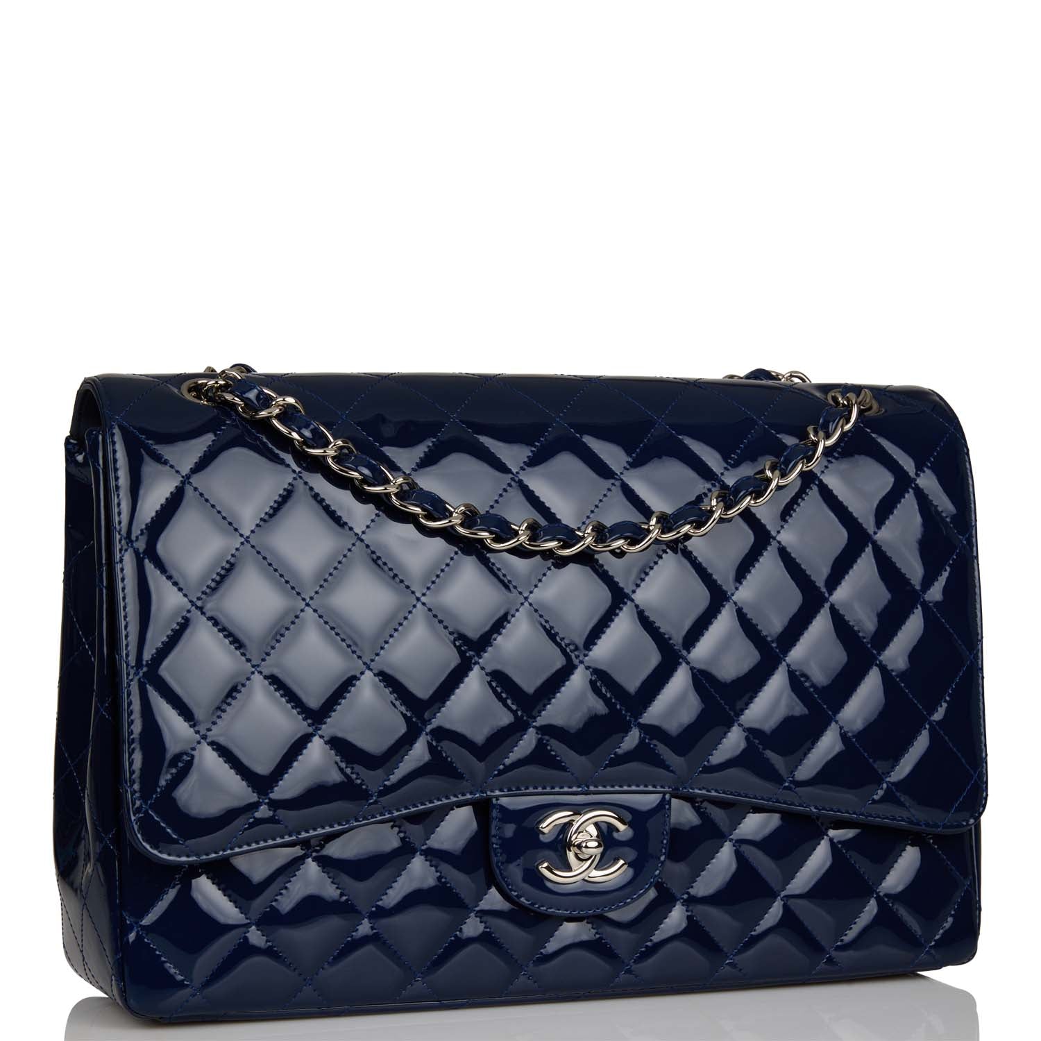 Chanel Maxi Classic Single Flap Bag Dark Blue Patent Silver Hardware Rovelle Bags