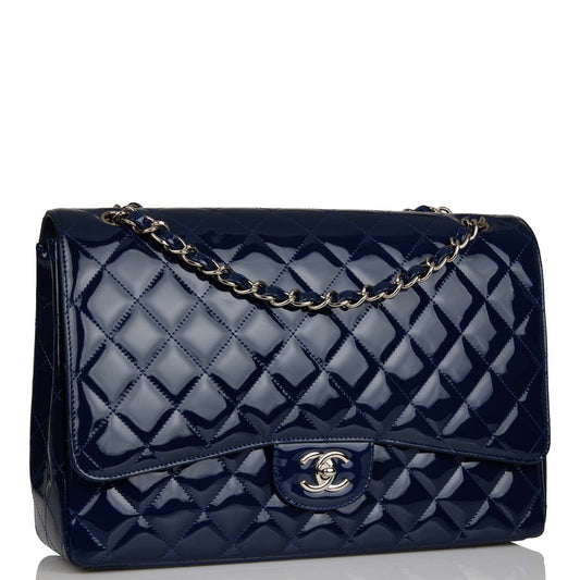 Chanel Maxi Classic Single Flap Bag Dark Blue Patent Silver Hardware Rovelle Bags