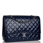 Chanel Maxi Classic Single Flap Bag Dark Blue Patent Silver Hardware Rovelle Bags